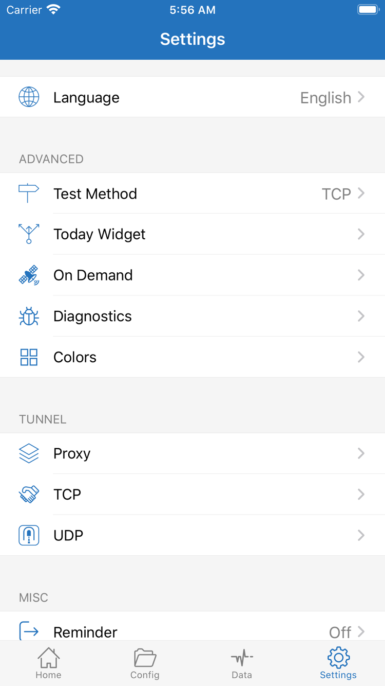 Shadowrocket Settings 화면: Language, Test Method, Today Widget, On Demand, Diagnostics, Proxy, TCP 및 UDP 설정 표시