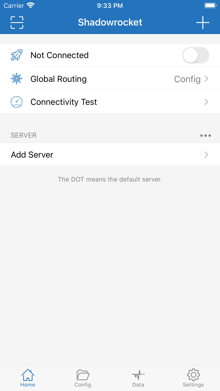 연결 스위치, Global Routing, Add Server가 표시된 Shadowrocket 공식 Home 스크린샷