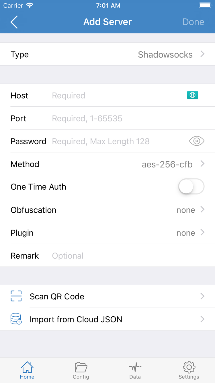 Shadowrocket Add Server 화면: Type, Host, Port, Password, Method 항목과 Scan QR Code 및 Import from Cloud JSON 메뉴